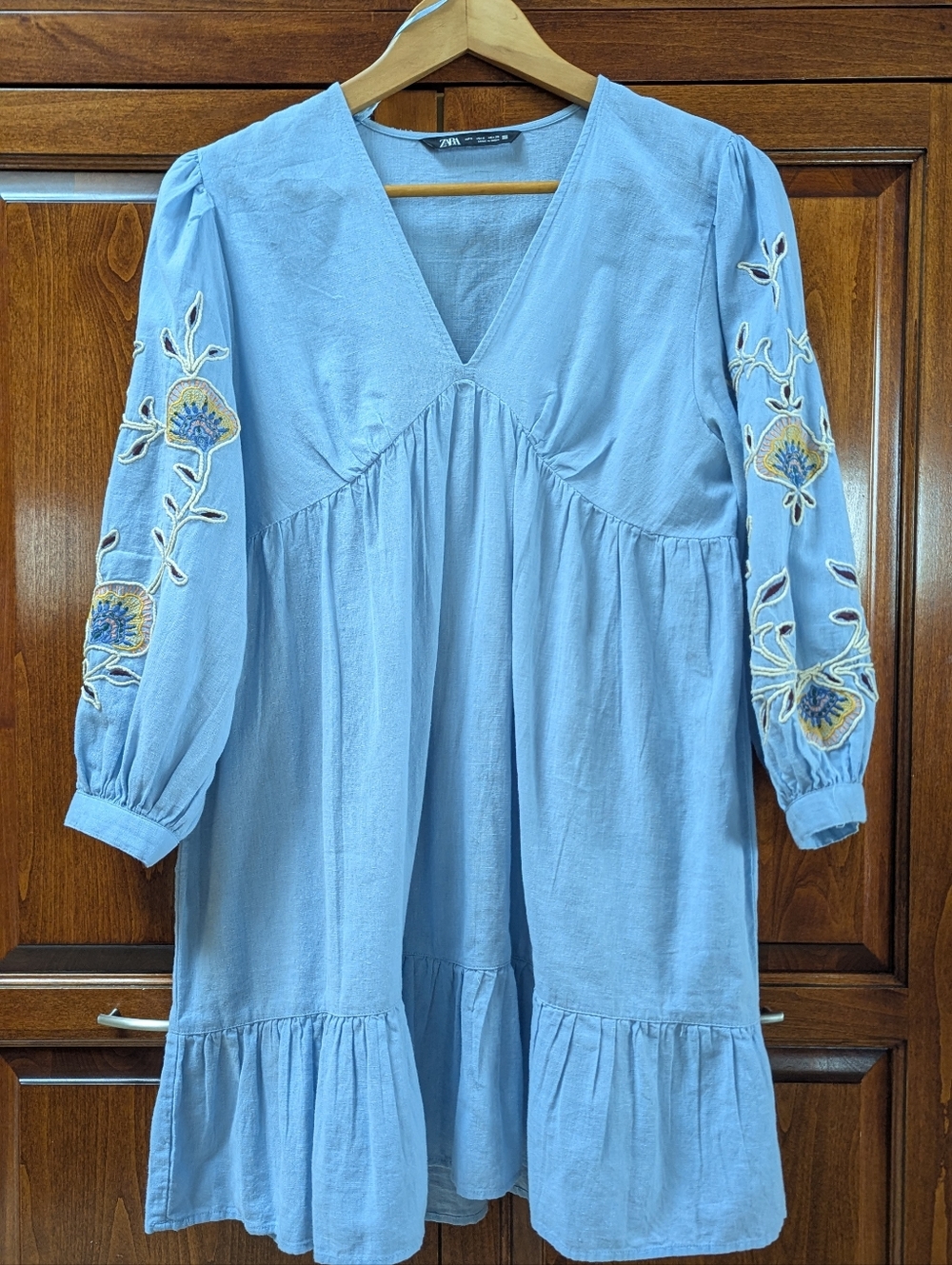 Zara Powder Blue V-Neck Tiered Dress with Embroidered Sleeves